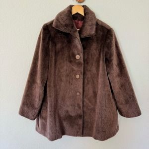 Vintage 60s-70s faux fur coat cool brown mod swing coat big buttons sz M-L